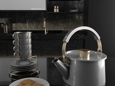 Tea-time 3d 3d art abstract architecture arnoldrender c4d cgi cinema4d color cookie cooking cup design gold grey illustration interior kitchen render tea