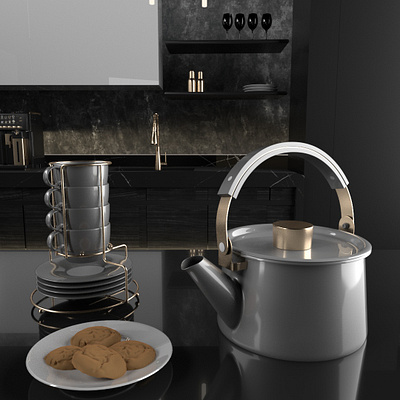 Tea-time 3d 3d art abstract architecture arnoldrender c4d cgi cinema4d color cookie cooking cup design gold grey illustration interior kitchen render tea