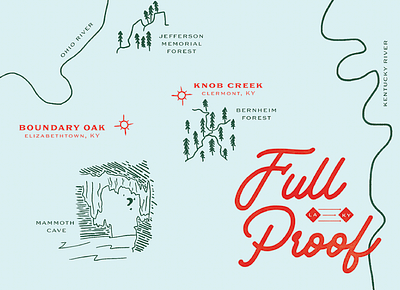 A Bourbon Tasting Event bourbon bourbon trail cave event illustration map markers pinpoint river tasting trail trees