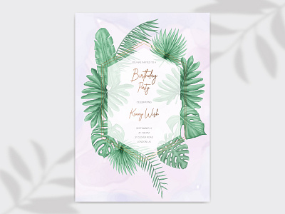 Happy birthday party invitation card with tropical leaves frame anniversary background banner birth birthday card celebration confetti event festive floral gift greeting happy birthday holiday invitation party poster template watercolor