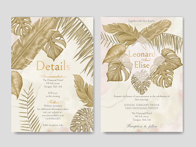 Watercolor tropical floral wedding invitation template background card design engagement floral frame illustration invitation leaf leaves marriage party plant save the date stationery summer template tropical watercolor wedding