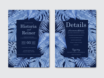 Romantic wedding invitation template with tropical blue leaves art background card engagement floral illustration invitation leaf leaves love marriage party romantic save the date stationery summer template tropical watercolor wedding