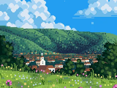 Sunlit 8bit background blue church clouds contrast darius anton flowers ghibli green illustration landscape mid day pixel art pixel artist pixelated retro scenery summer village