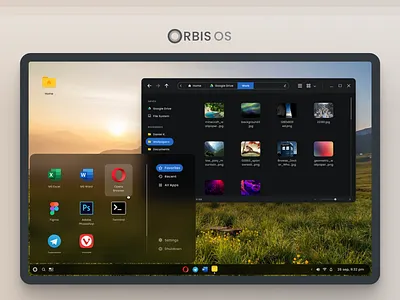 Orbis OS: the operating system concept concept dark mode dark theme design desktop figma flat interface laptop linux minimal operting system os ui user experience user interface ux vector windows