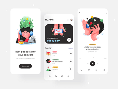 Podcasts App app art clean color design illustration illustrations interface list minimal mobile mobile app navigation player playlist podcast profile splash splashscreen ui