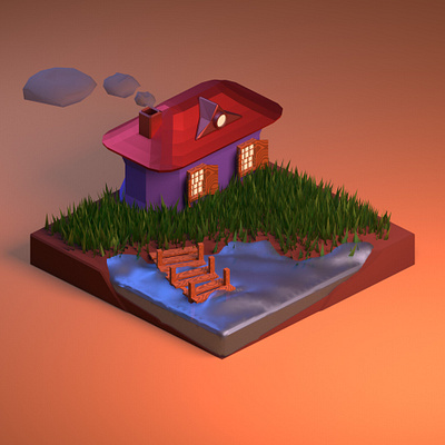 House and Lake building design isometric nature simple sketch