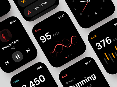 Activity Watch App Shot activity app activity tracker apple watch apple watch design dark app dark theme dark ui fitness app heart heart rate music mvp ronas it running app sport ui ux workouts