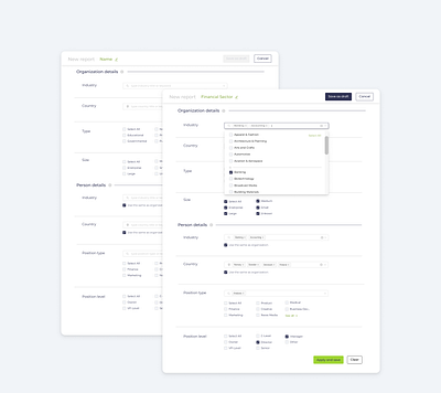UX/UI Project - Dashboard Tool for Sales Managers checkbox clean dashboad dashboard design data design dropdown form multiple reports selection selections tags ui ux