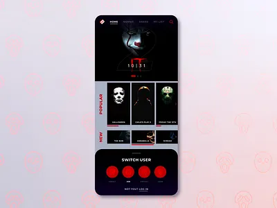 Horror Streaming App 001 app design app ui chucky dailyui dailyuichallenge dailyuix halloween horror horror movies it mobile mobile app design pennywise sign in streaming ui user experience user interface uxdesign