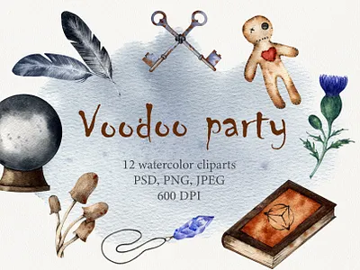 Voodoo party art black magic card decor design halloween halloween party illustration magic ball print voodoo voodoo doll watercolor witchcraft