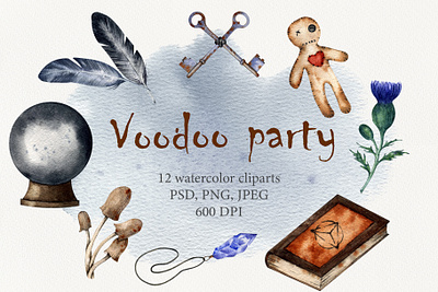 Voodoo party art black magic card decor design halloween halloween party illustration magic ball print voodoo voodoo doll watercolor witchcraft