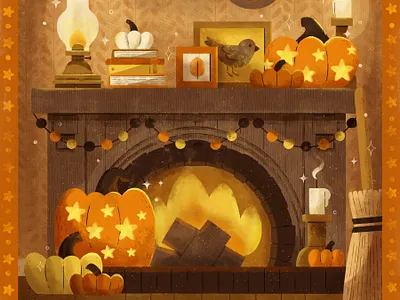 Burn, Peachtober 2020 autumn cottage cottagecore cute design digital digital illustration fall fireplace halloween house illustration pumpkin robin sheldon scene