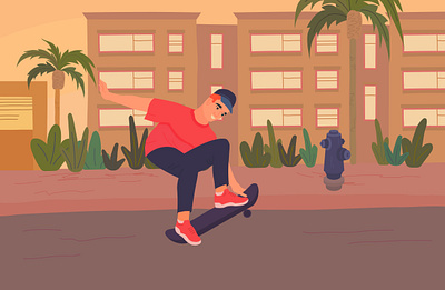 Let's go skateboarding art banner character character design city cityscape flat flat illustration fun ghetto illustration losangeles skateboarding skater skaterboy sunset vector vector art vector illustration