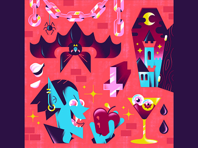 Vampire bat blood castle character cocktail coffin dracula editorial illustration freelance halloween horror illustration scary spider spooky stickers terror textures vampire vector