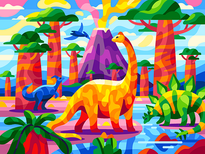 Dinosaurs brontosaurus cartooncharacters dinosaurs evolution flatdesign gallerythegame gameillustration jurassicpark baobabs jurassicworld ndiplodocus paleontology prehistoric pterodactyl stegosaurus vectorart childishillustrations vectorillustration volcano