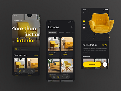 Furniture Store App Concept app card cart chair clean dark ecommerce flat furniture minimal mobile order price product shop shopping store ui ux yellow