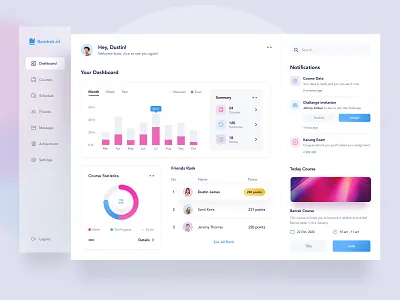 E-Course dashboard app card chart clean course dashboard data desktop icon illustration image ios landing mobile profile statistics time ui website white