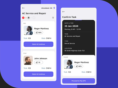 Booking Process - Tasker List and Confirm Task app app design booking design list location minimal mobile process progress rating screens steps task ui ux work