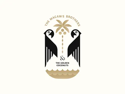 The Macaws Brothers & The Golden Coconuts badge design branding character design graphic design illustration johannlucchini logo macaw palmtree parrots typography vector