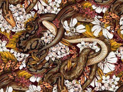 Snake pattern by Maggie Enterrios botanical drawing floral flowers illustration logo nature packaging pattern typography