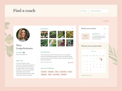 Gardenary Coach Profile avatar booking form calendar image gallery profile search ui ui design ux ux design web design