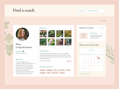 Gardenary Coach Profile avatar booking form calendar image gallery profile search ui ui design ux ux design web design