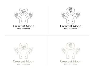 Crescent Moon Body Wellness - Revised Logo Concepts brand identity gold green hand drawn hands illustration line drawing logo massage massage therapy minimal moon plants vancouver wellness wellness logo