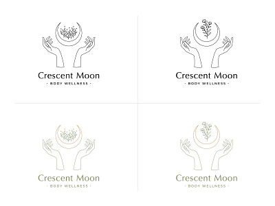 Crescent Moon Body Wellness - Revised Logo Concepts brand identity gold green hand drawn hands illustration line drawing logo massage massage therapy minimal moon plants vancouver wellness wellness logo