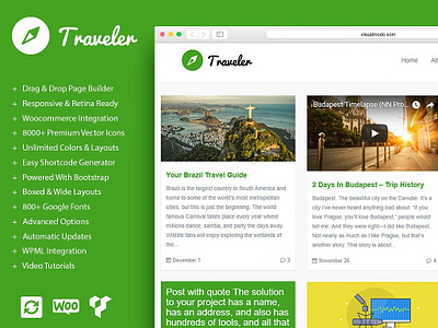 WordPress Blog Builder - Traveler WordPress Theme by Visualmodo blog blog design blogging design page builder plugins posts responsive site builder template theme travel travel agency travel app traveling trip voyage web design web development wordpress