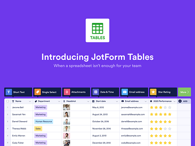 JotForm Tables add column add row banner design calendar cell charts collaboration component data management editing grid modal productivity reports and data spreadsheet table tables team visual report webdesign