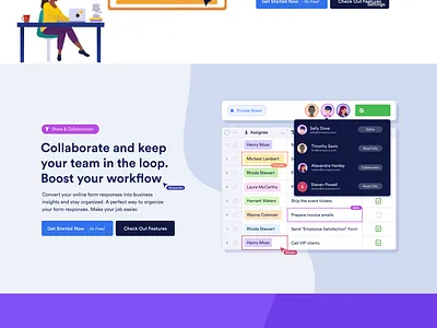 JotForm Tables Landing activity history collaboration component data management editing form grid illustration landing launching app online form reports spreadhseet table team work webdesign webpage website design