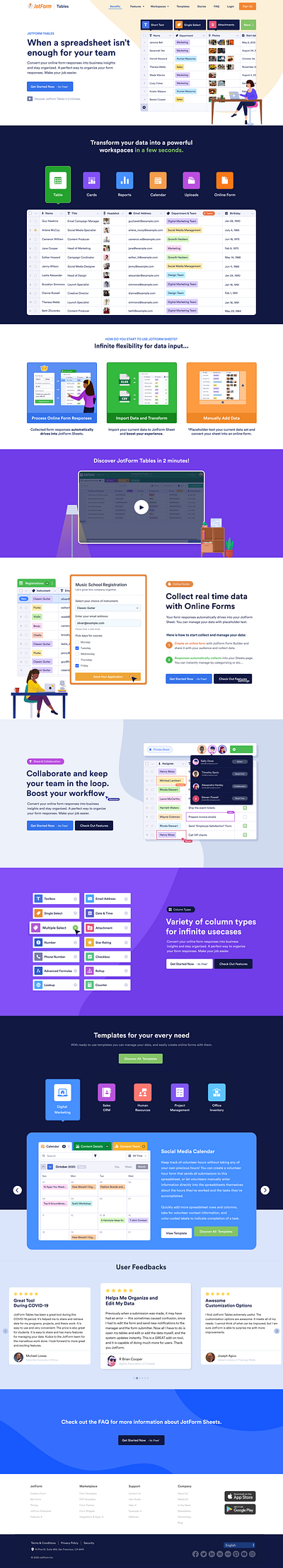 JotForm Tables Landing activity history collaboration component data management editing form grid illustration landing launching app online form reports spreadhseet table team work webdesign webpage website design