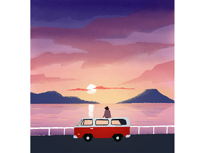 Waiting girl illustration landscape lonely sky sunset waiting