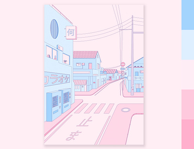 Village in Japan adobe illustrator aesthetic anime design illustration illustration art illustrator japan japanese landscape lofi pastel pastel colors pink street vector vibe