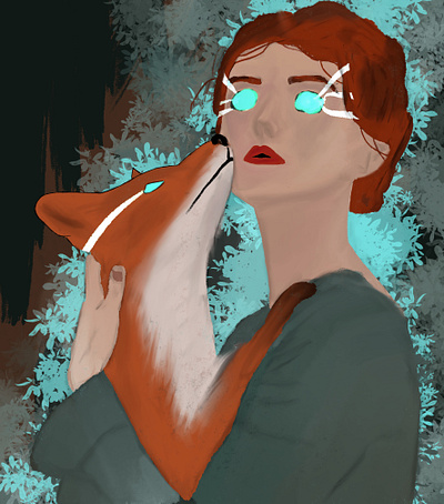 A woman and a fox blue fox ghost illustration magic mystic paint procreate woman