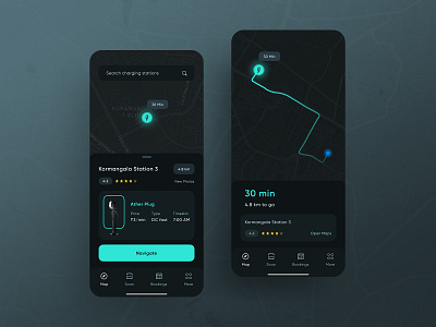 Charging station navigation app design booking app charging stations dark mode dark theme dark ui design electric mobility electric vehicles interface map mobile mobile app mobility navigation ui design uiux