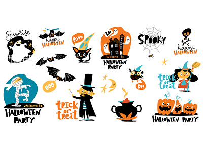 Set of Halloween stickers character design flat halloween illustration logo sticker trickortreat vector witch