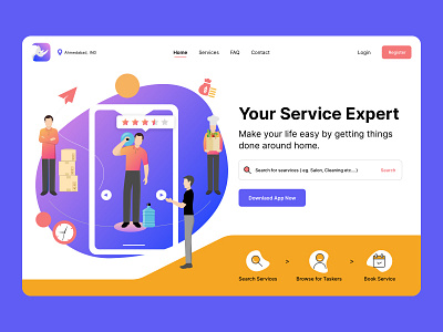 Service App Banner banner design download flat gradient homepage landing page minimal mockup search service steps tasks typography ui ux web website