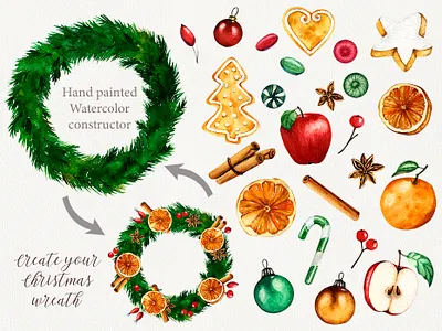 "Christmas wreath" watercolor constructor art candy christmas cookie decor design food fruit gingerbread illustration new year tasty watercolor winter