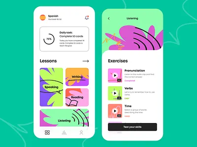 Language Learning - Mobile app arounda bar card courses education figma graph icons illustration interface language lessons mobile design palette product design progress schedule task ui ux