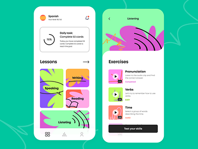 Language Learning - Mobile app arounda bar card courses education figma graph icons illustration interface language lessons mobile design palette product design progress schedule task ui ux