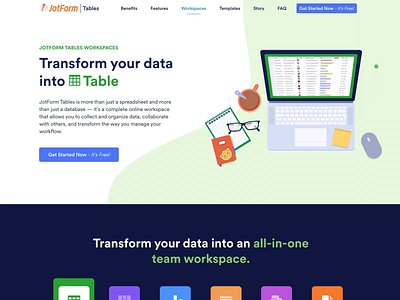 Workspaces - JotForm Tables animation calendar desk from fromthefieldnotes gif grid illustrations jotform landing page concept reports spreadsheets tables tabs transition web design website workspace workspaces