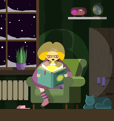 Magical world book character character illustration cozy flatdesign girls illustration nighttime reading winter