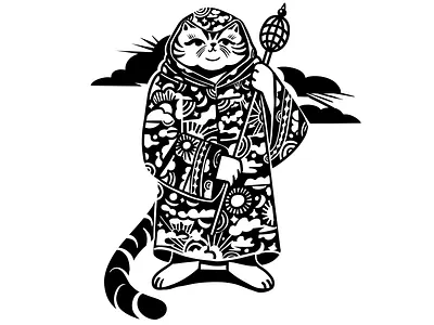 Wizard Cat blackandwhite cat character clouds design digitalart druid icon illustration ink kitty line magic magic wand mythology pattern robe sun texture wizard