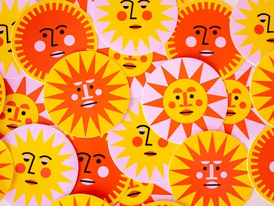 Sunny Face Stickers illustration art orange pink sticker summer sun sunny yellow