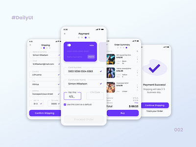 DailyUI:002 Credit Card Checkout app billing checkout clean clothes credit card creditcard design minimalist mobile app order payment purple shipping shopping ui ux