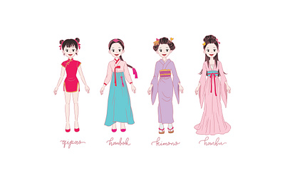 Asian girls in a traditional dresses anime asian character design digital digital illustration digital painting drawing dress flat illustration girl hanbok hanfu illustration kimono linework manga procreate quipao traditional