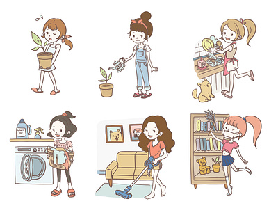 Character design of girls doing house chores anime art artwork character chore clipart color cute design digital digital illustration digital painting drawing flat illustration house illustration linework manga procreate sticker