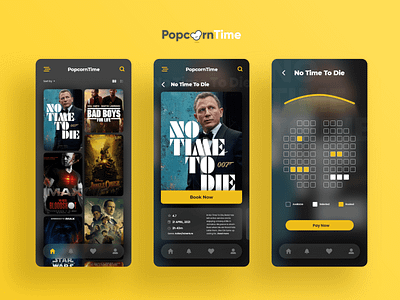 PopcornTime v2 - Movie Ticket Booking App adobexd booking clean dark ui mockup movie app ticket ui yellow