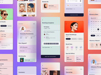 BookMe App app art beauty booking branding bright calendar clean design fashion gradient illustration master promo services spa timing ui ux wallet